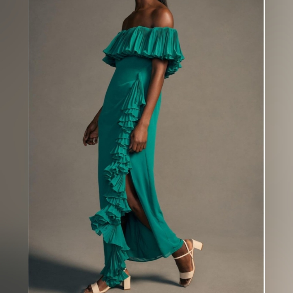 nwt ANTHROPOLOGIE HUTCH sz 2 Off the Shoulder Ruffled Column dress in Teal